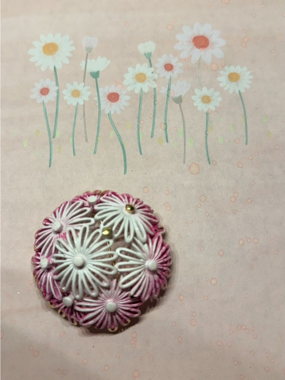 Handcrafted Pink & White Floral Button Brooch - Women Accessories
